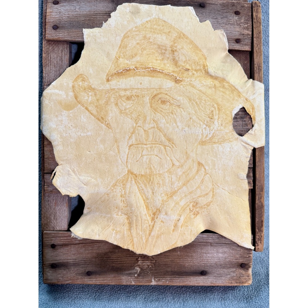 Vintage Cowboy Leather Burning Art Rustic Reclaimed Wood Frame Western Folk Art